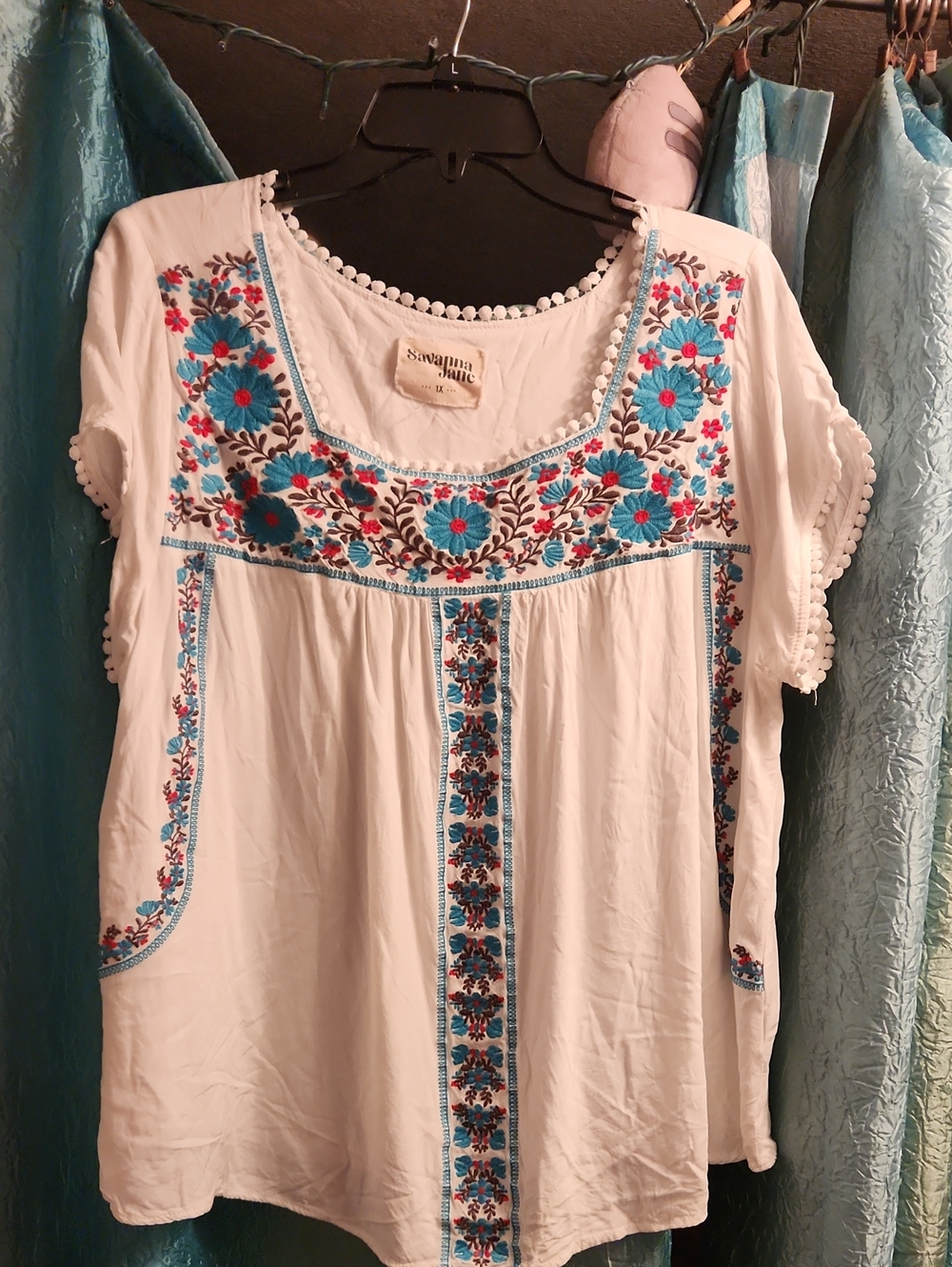 Savanna Jane White Tunic with Blue & Red Floral Embroidery